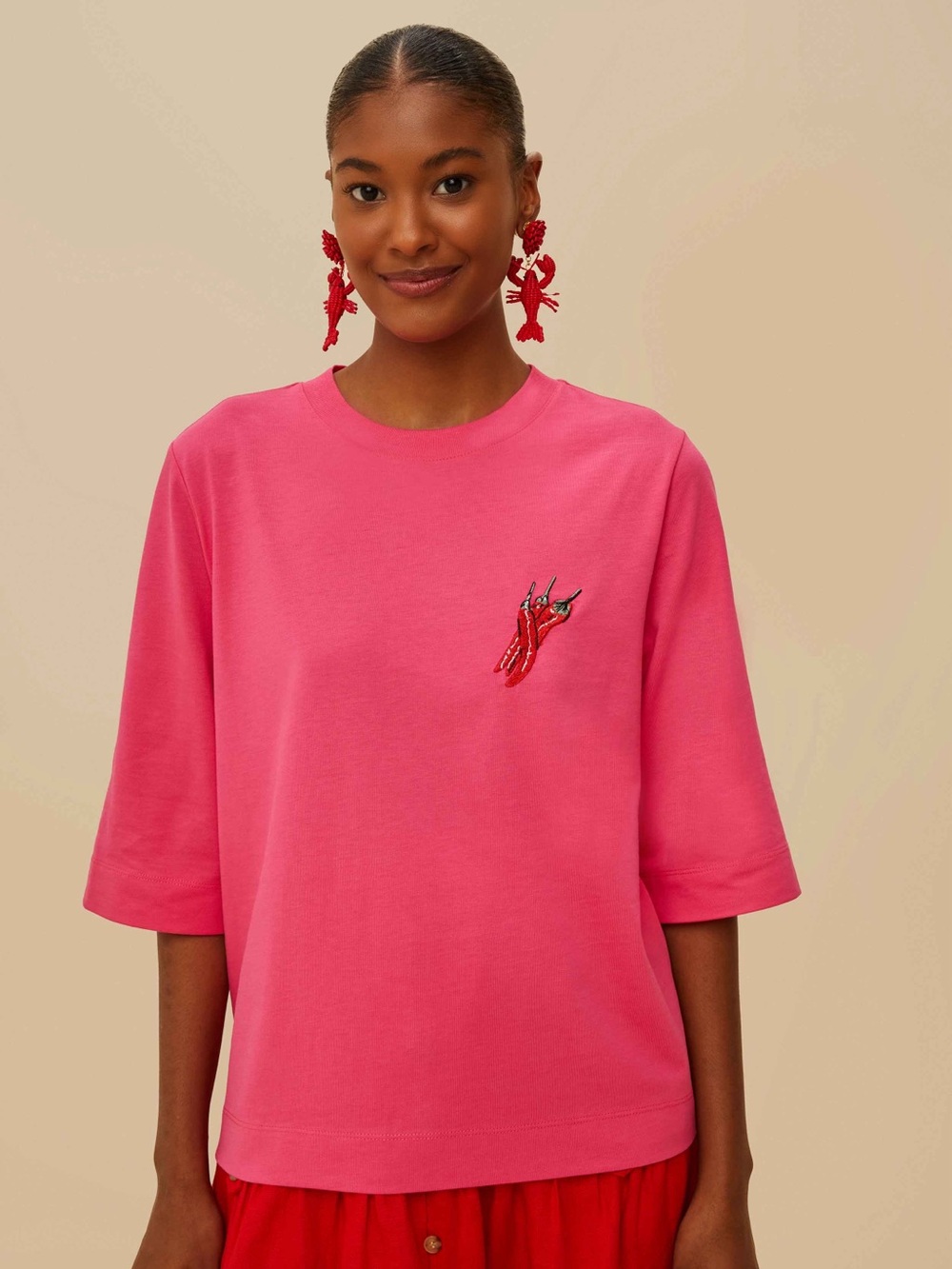 FARM Rio Hot Pink Short-Sleeve Tee with Chili Embroidery